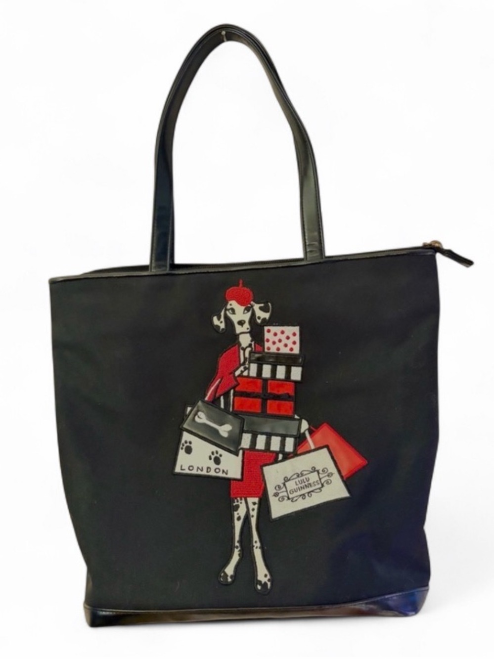 Lulu Guinness London Black Dalmatian Embroidered 100% Cotton Tote Handbag Purse